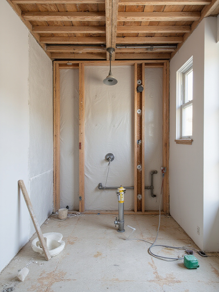 Bathroom remodel in progress showing waterproofing and framing for shower installation.