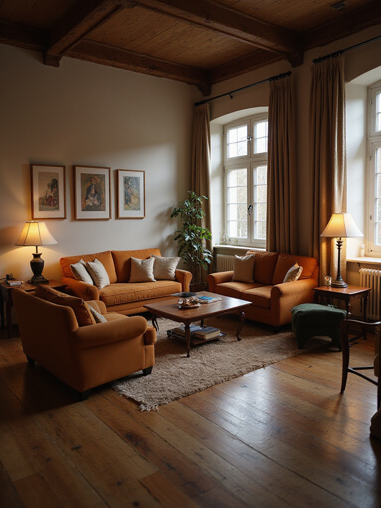 Living room furniture arranged for conversation, with a sofa facing two armchairs around a coffee table on a rug.