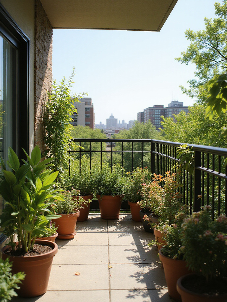 Balcony garden with plants in full sun and partial shade