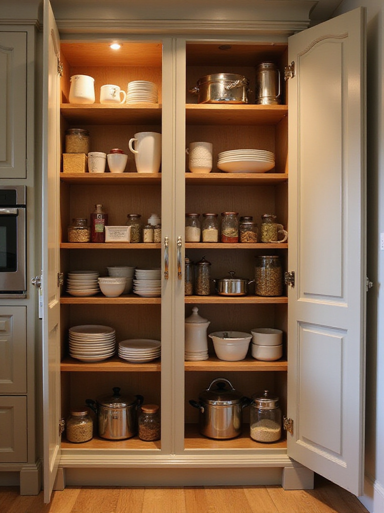 Organized kitchen cabinet displaying pots, pans, and spices in an inviting layout.