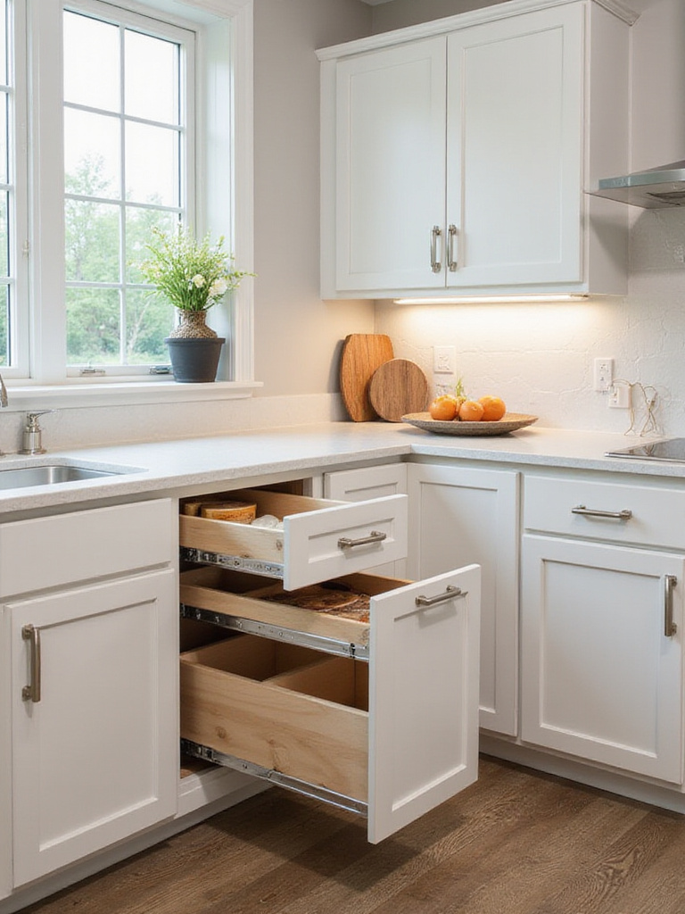 A modern kitchen with optimized cabinet design showcasing pull-out drawers and effective storage solutions.