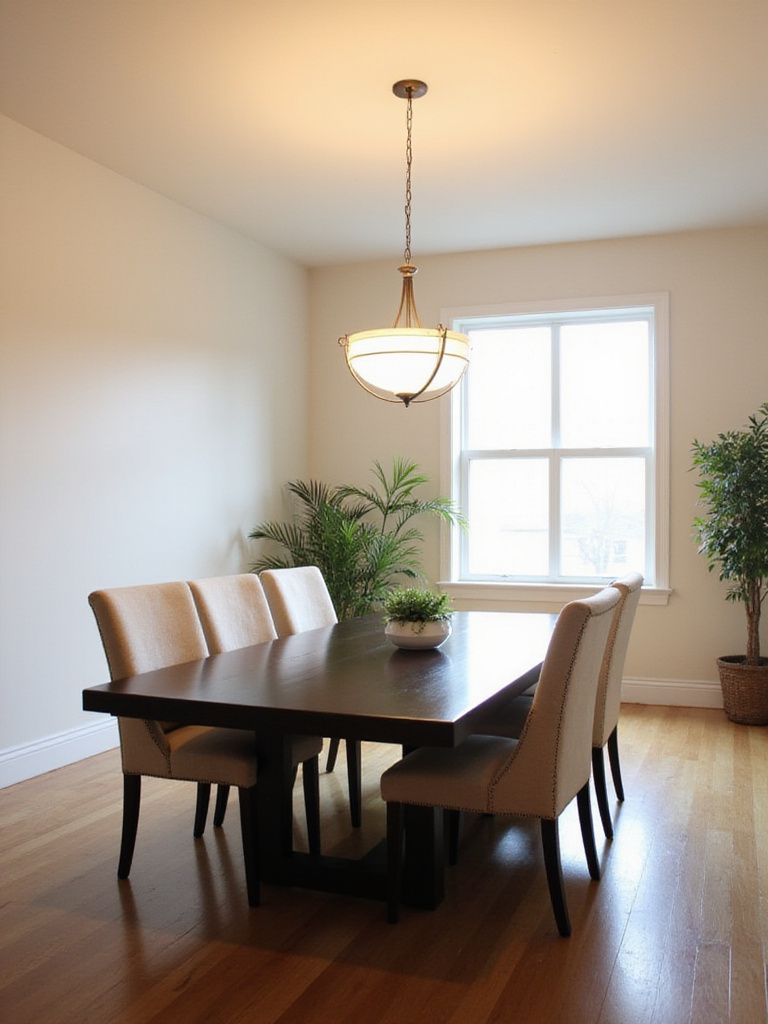 Dining room with properly scaled furniture, showing a rectangular table and chairs with ample space around them.