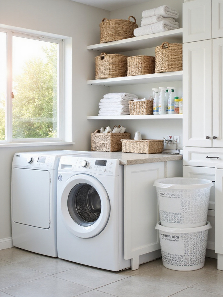 A tidy laundry room showcasing various baskets and bins used for organizing supplies, dirty laundry, and clean items on shelves and in cabinets.