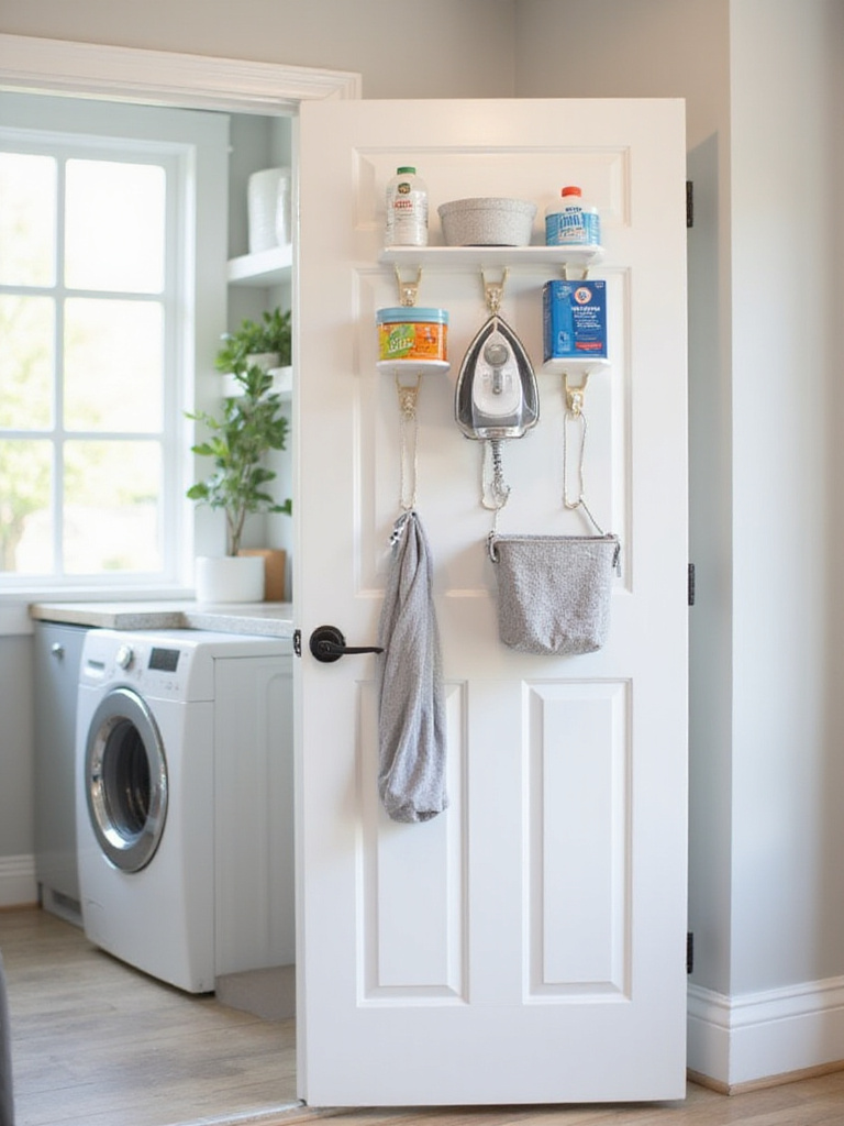 The back of a white laundry room door fitted with various organizers, including an over-the-door shelf unit holding laundry supplies and hooks holding an ironing board.