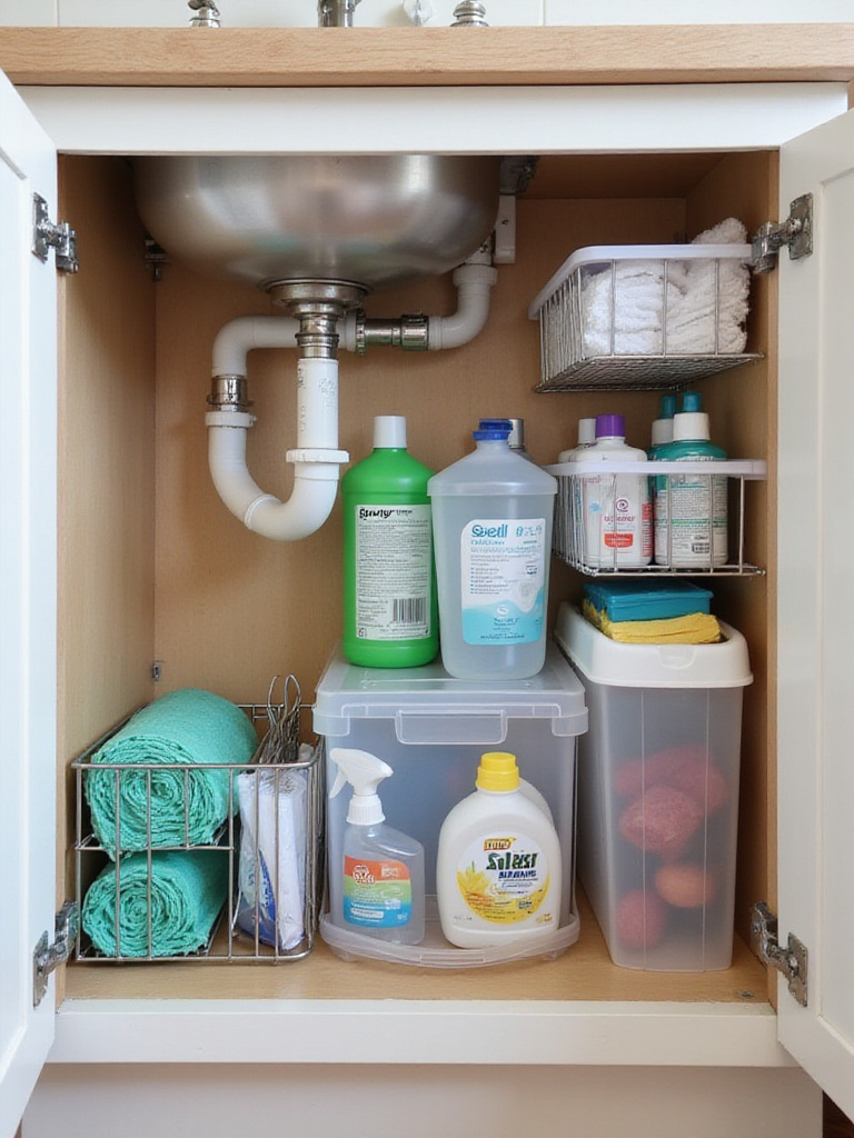 Organized under kitchen sink cabinet showing various storage bins, trays, and pull-out drawers holding cleaning supplies and household items.