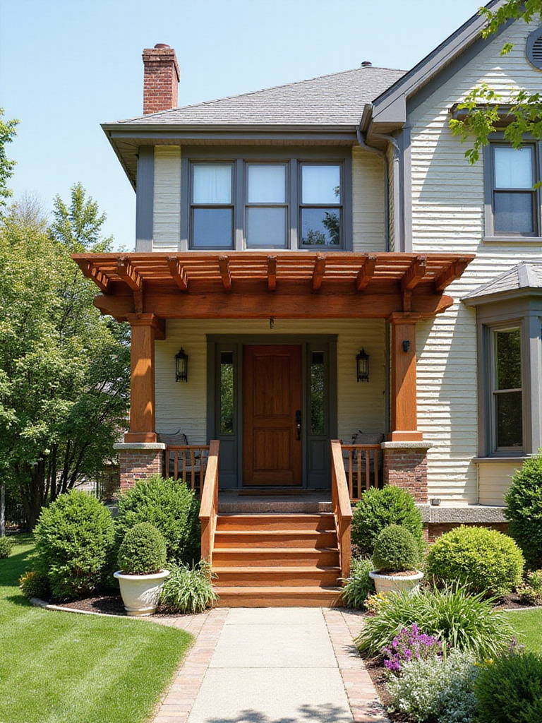 A house with an attached wooden pergola over the front patio, enhancing its curb appeal.