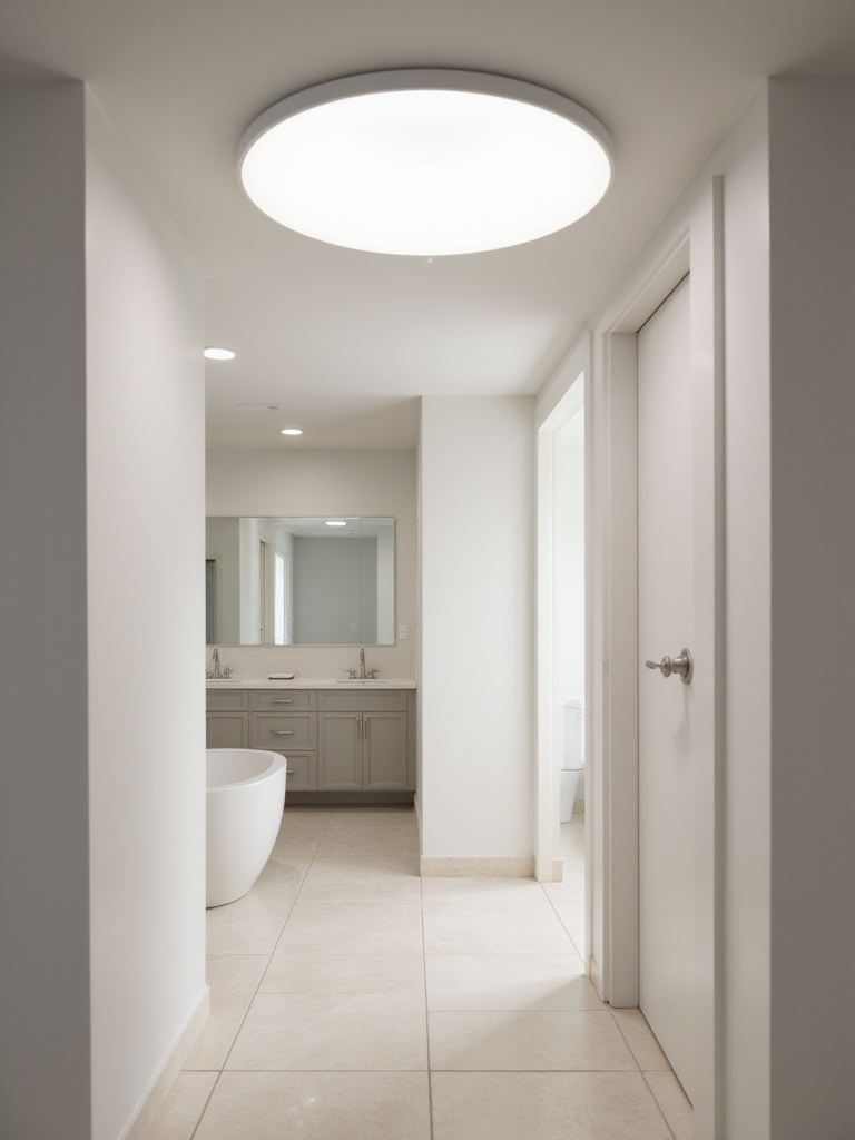 Bright overhead flush mount fixture providing even general illumination in a modern bathroom.