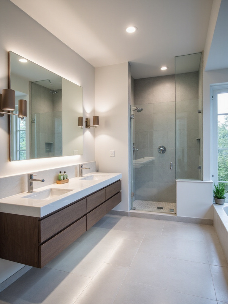 A modern bathroom featuring strategic layered lighting, including recessed ambient lights, vanity sconces for task lighting, and integrated LED accent lighting.