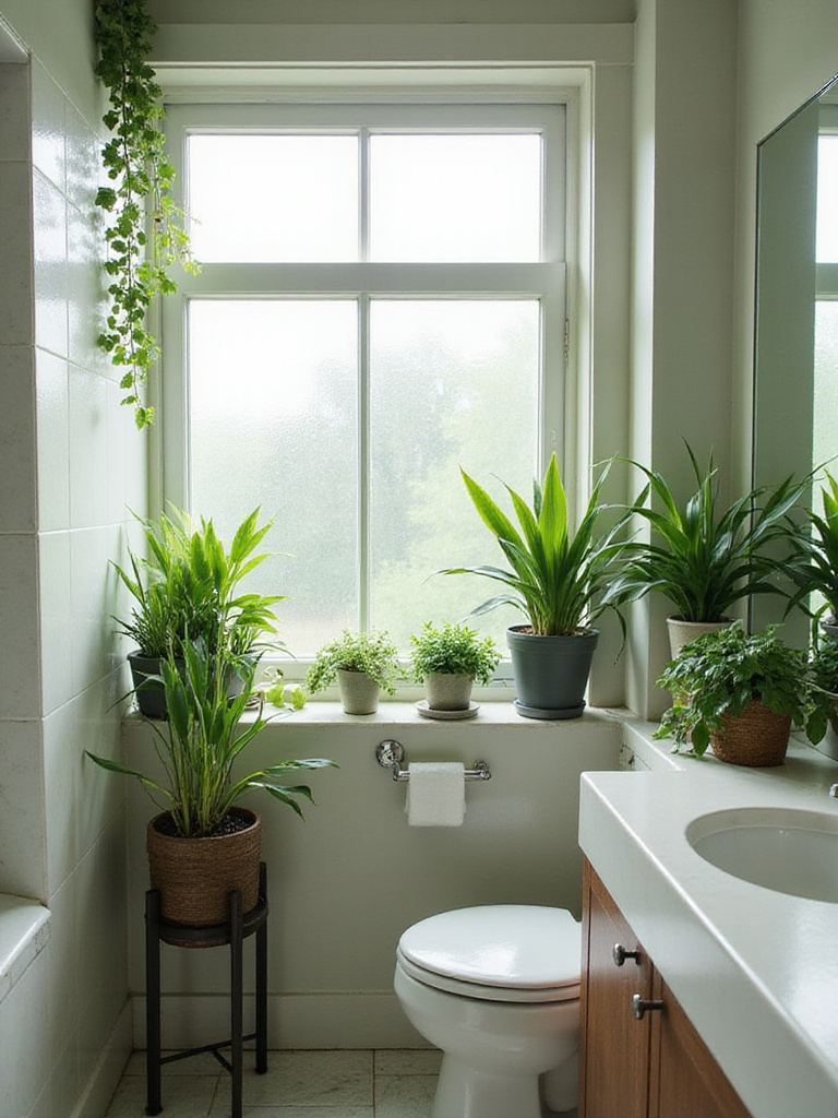 A tranquil bathroom filled with various plants, highlighting the beauty and freshness they bring to the space.