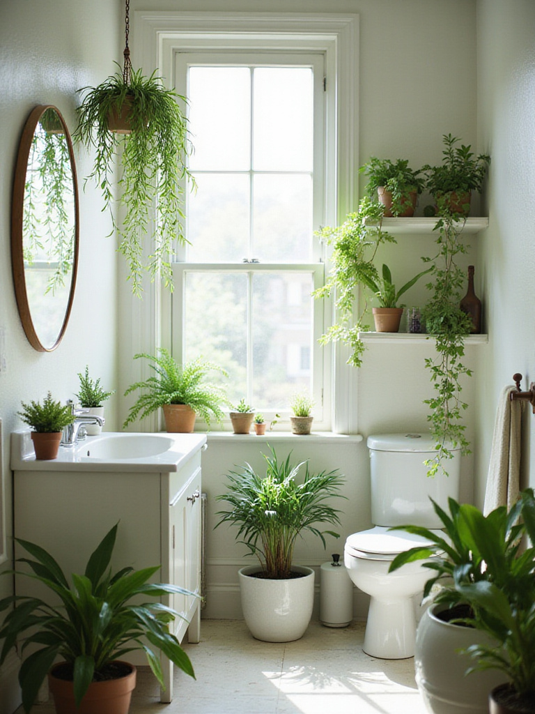 A refreshing budget bathroom makeover featuring various green houseplants placed on shelves, the counter, and in corners, adding natural beauty and life to the space.