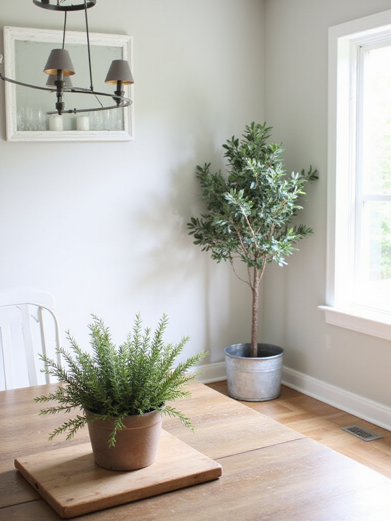 Greenery or high-quality faux plants like rosemary and an olive tree in rustic containers bringing life and freshness to a farmhouse dining room.