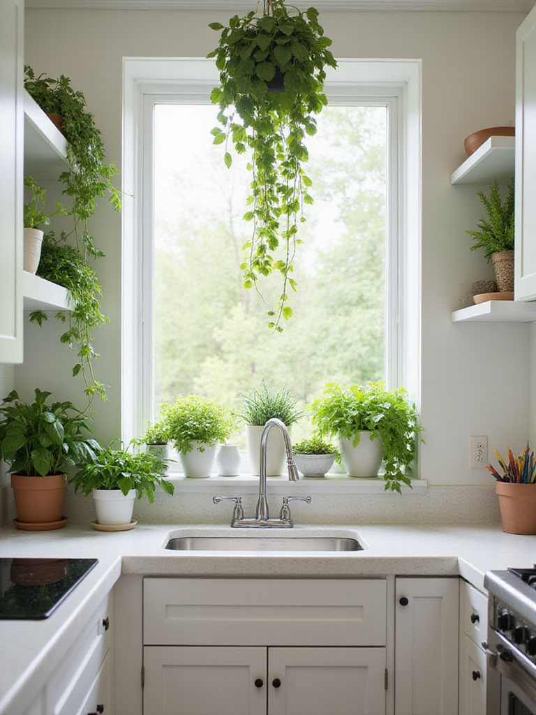 Bright modern kitchen with herbs and plants on windowsill and hanging from shelves.