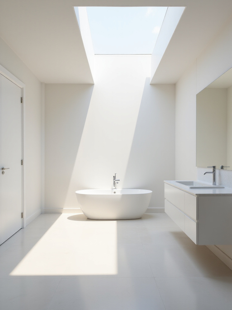 A bright modern bathroom featuring a large skylight above a freestanding tub, filling the space with natural light.