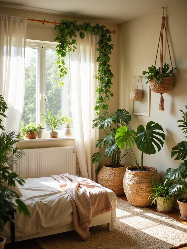 Boho bedroom with abundant plants creating a lush and inviting atmosphere.