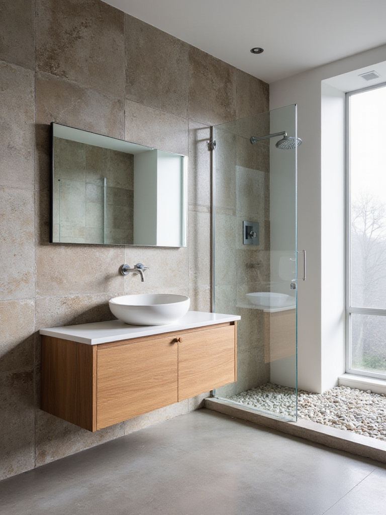 Modern bathroom with floating wood vanity and natural stone tile feature wall, showcasing a blend of natural materials and sleek design.