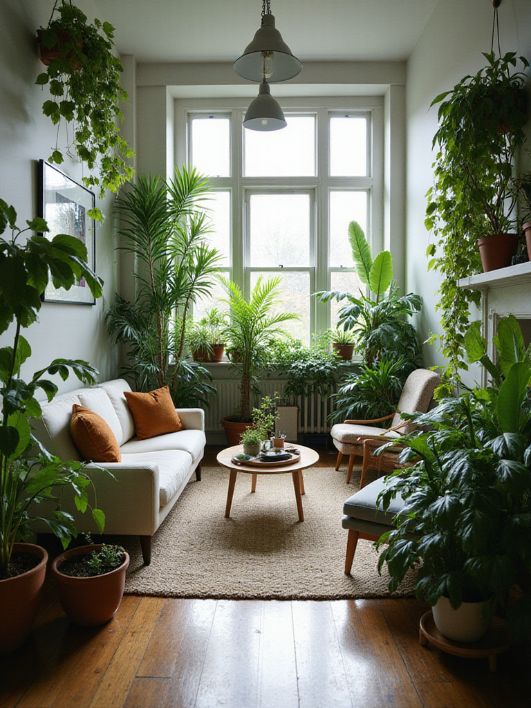 A modern living room decorated with a variety of houseplants on shelves, tables, and the floor, creating a lush, indoor oasis.
