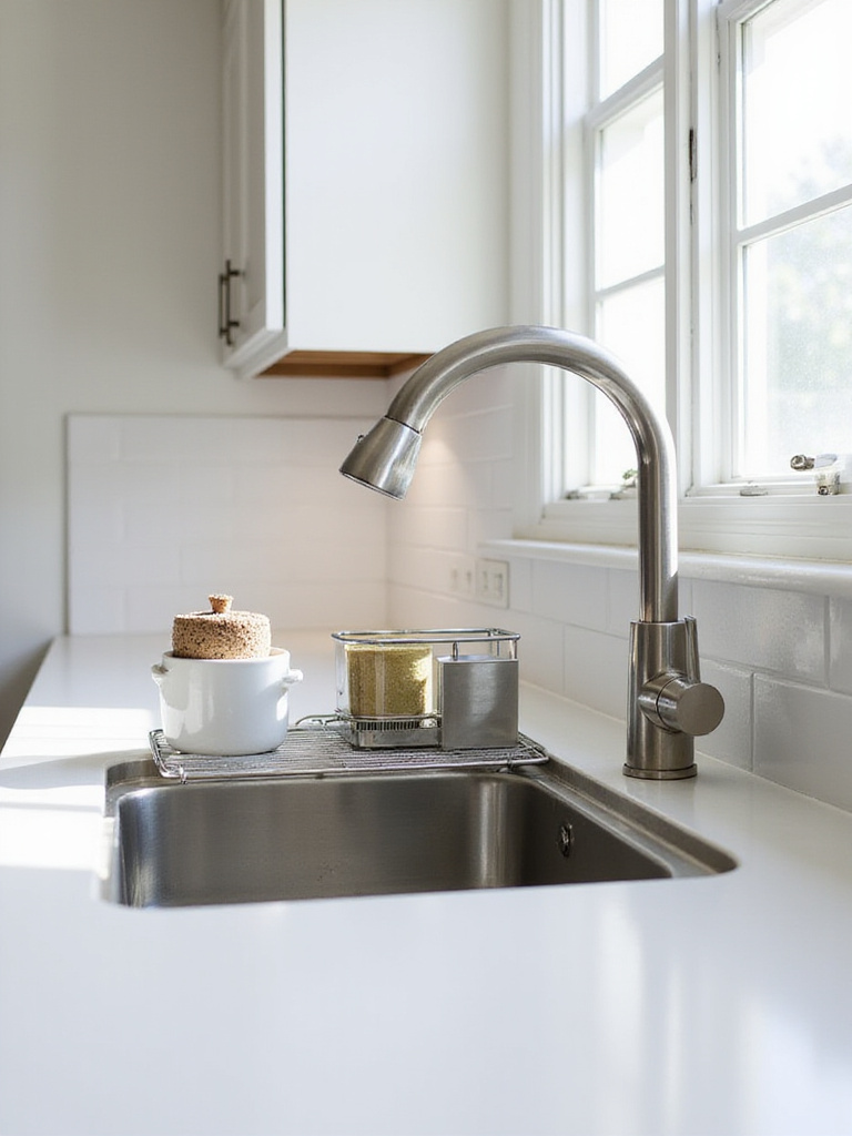 A clean kitchen sink area featuring a stainless steel sink, faucet, and a neatly organized holder containing a dish brush and scrubber beside the sink on a tidy countertop.
