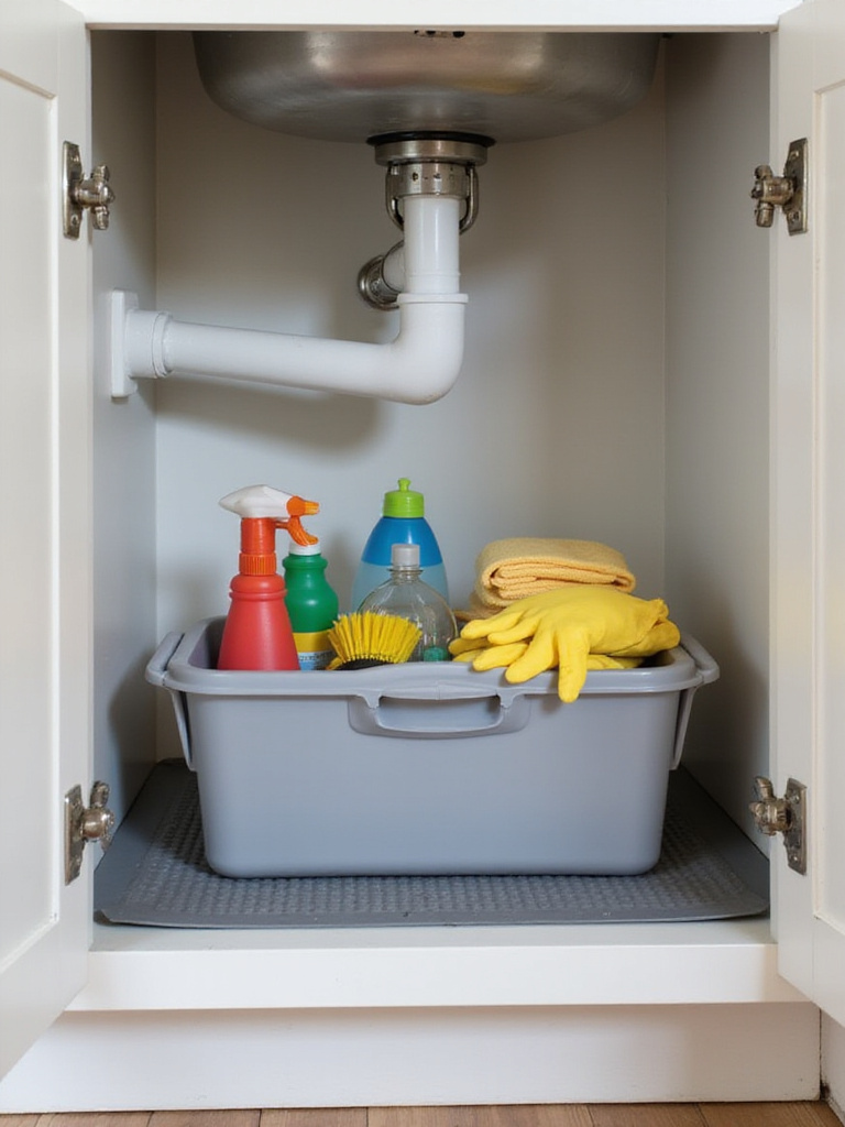Organized under kitchen sink cabinet showing a cleaning caddy filled with supplies on a protective mat.