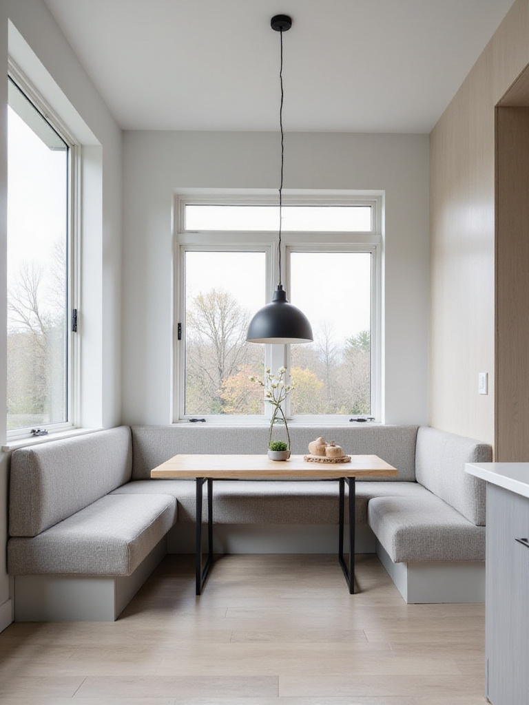 Modern kitchen dining nook showcasing an L-shaped built-in banquette and a sleek rectangular table, highlighting a space-saving and stylish seating solution.