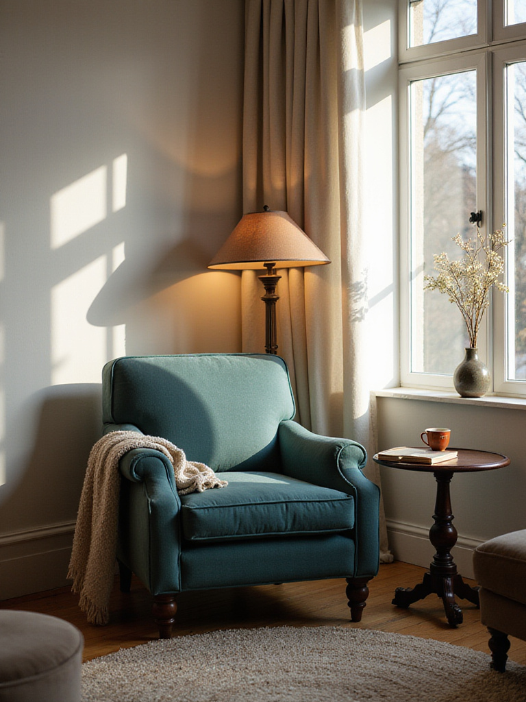 A cozy reading nook in a living room featuring a comfortable armchair, a side table with books, a floor lamp, and natural light from a window, creating a peaceful atmosphere.