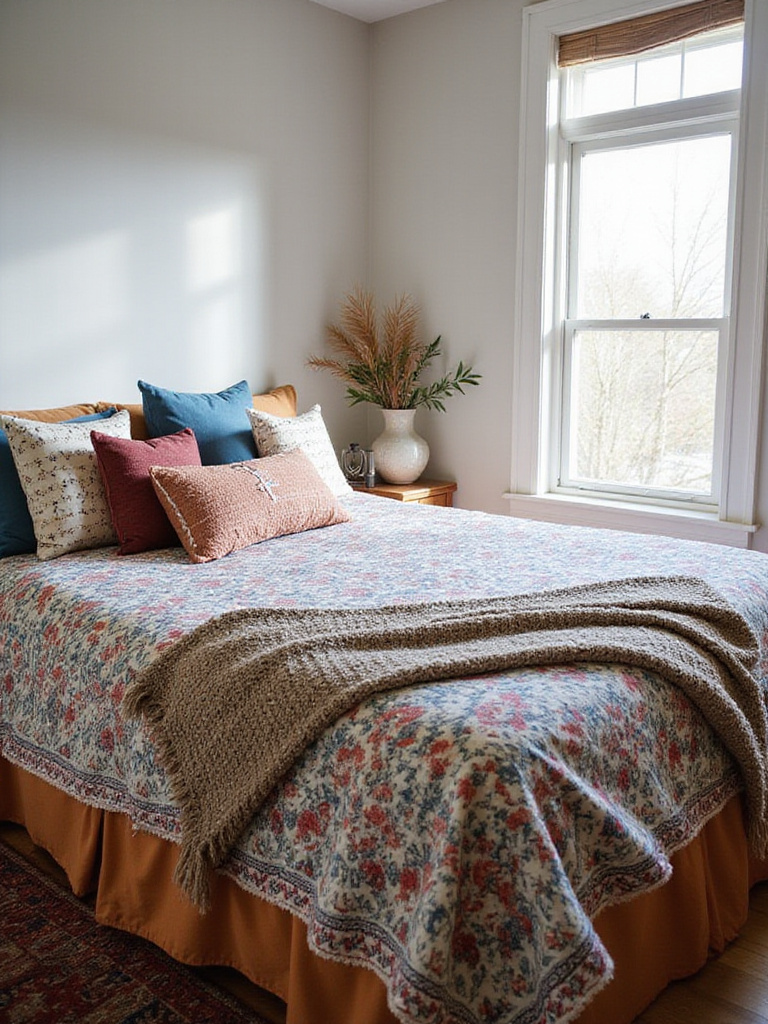 Boho bedroom with bold, patterned bedding featuring geometric designs and layered throw pillows.