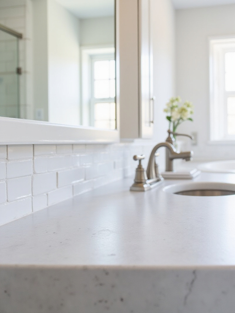 Light grey quartz countertop with double vanity in a modern master bathroom