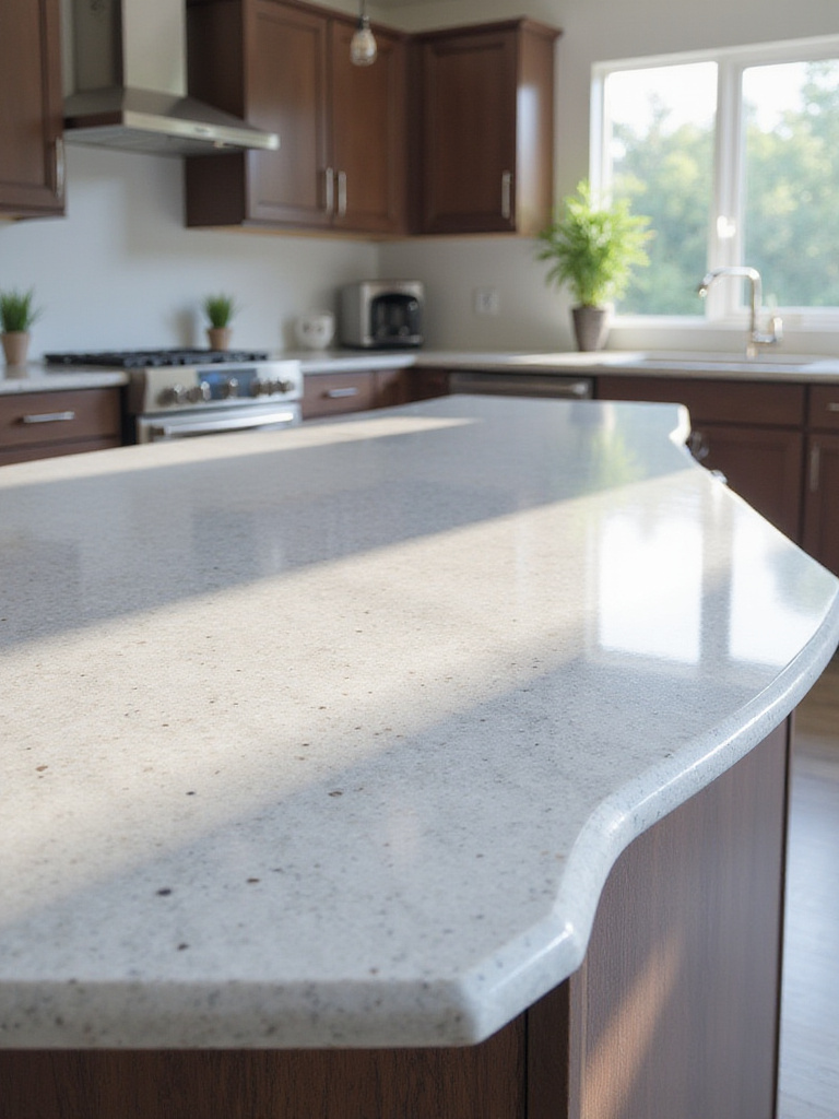 Modern kitchen island featuring light gray quartz countertop with waterfall edge.