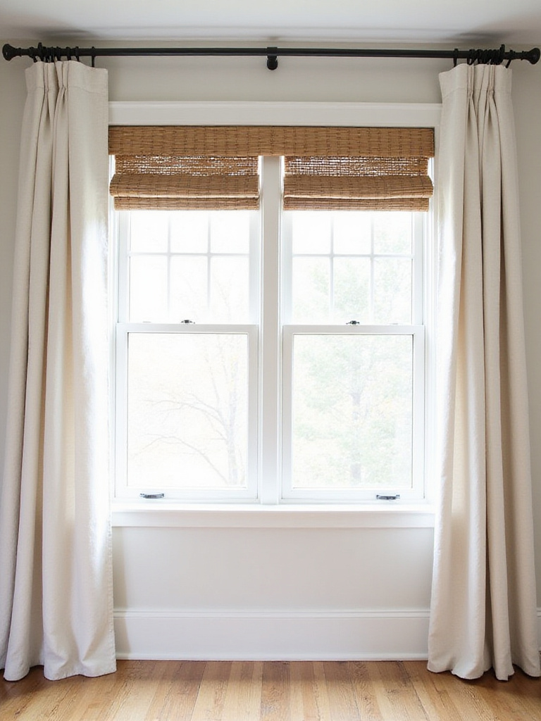 Simple, natural window treatments such as woven bamboo shades or linen curtains enhancing a farmhouse dining room window with soft light.
