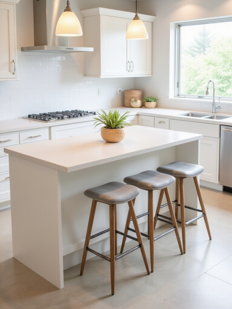 Modern kitchen island with a light countertop and three stylish, comfortable counter stools with padded seats and backs tucked underneath.
