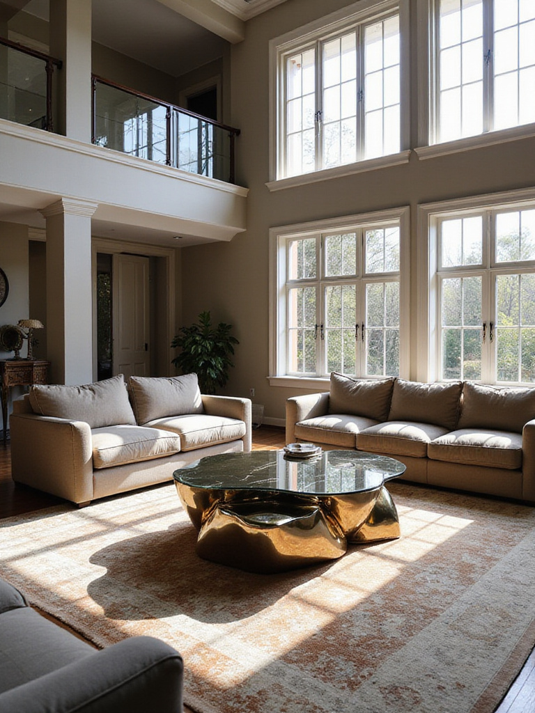 Unique luxury coffee table as a sculptural centerpiece in an elegant living room. Defines elegance & function.