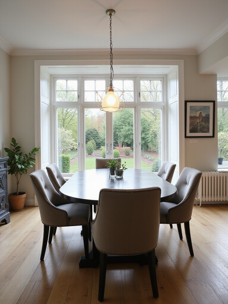 Modern dining room with oval wooden table and comfortable chairs