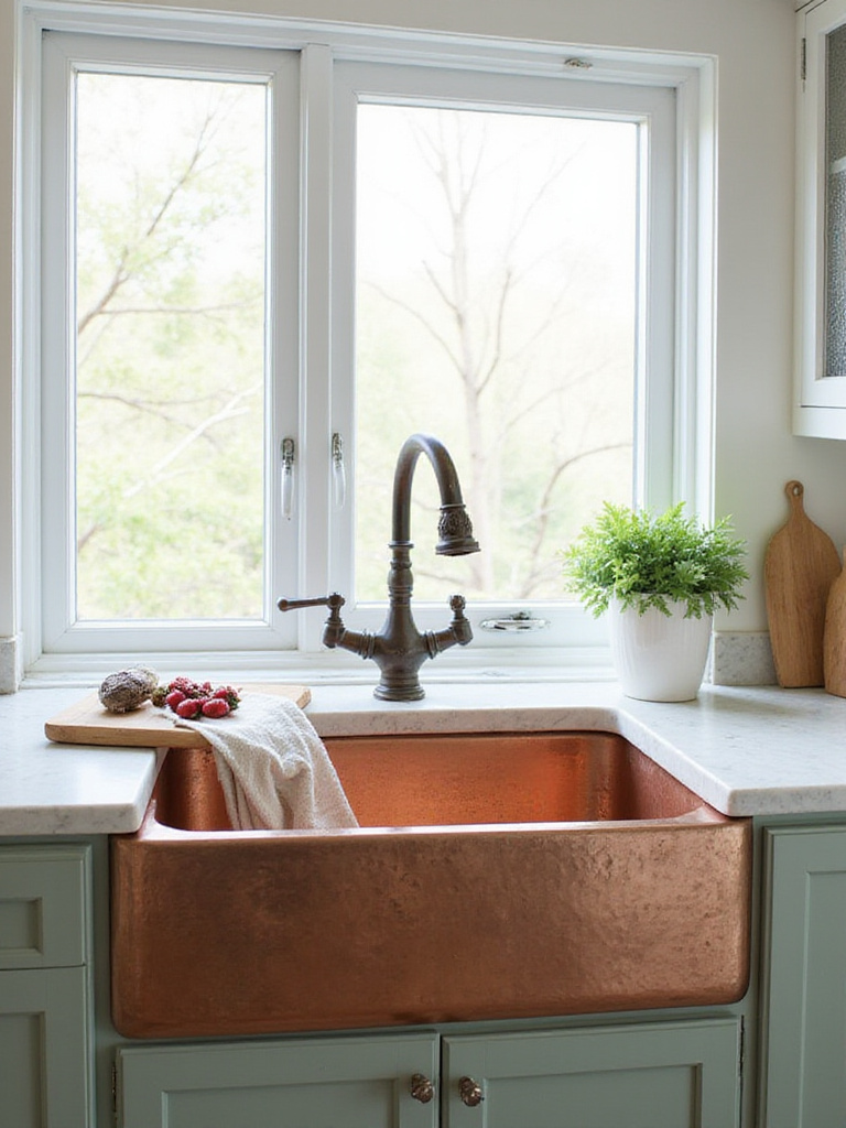Eye-catching hammered copper farmhouse sink with a detailed bridge faucet in a modern kitchen.
