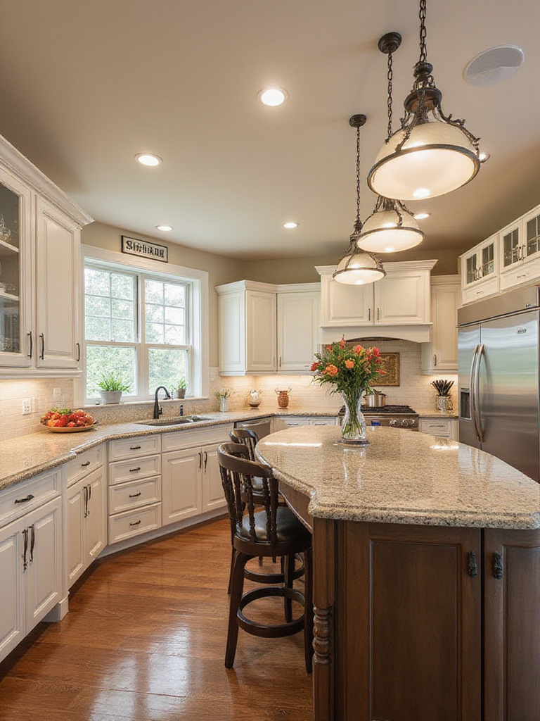 A kitchen displaying Stock, Semi-Custom, and Full Custom cabinets with elegant lighting