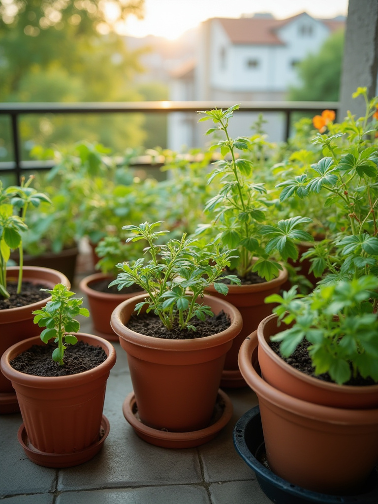 Balcony garden featuring potted plants in terracotta and plastic containers with visible drainage holes.