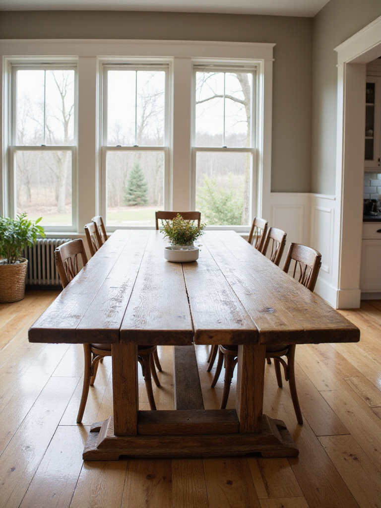 A sturdy reclaimed wood farmhouse table with a trestle base, showcasing its natural patina and traditional craftsmanship, serving as the centerpiece of a dining room.