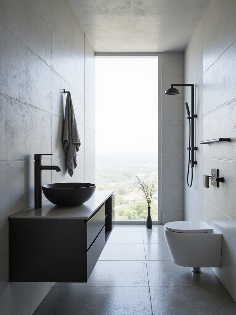Modern bathroom featuring sleek matte black fixtures against light gray tiles, showcasing the contrast of finishes.