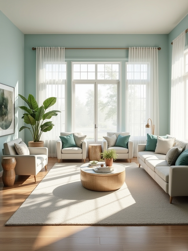 A contemporary living room showcasing a harmonious analogous coastal-inspired color palette with soft blues, sandy beiges, and touches of green, featuring comfortable furniture and abundant natural light.