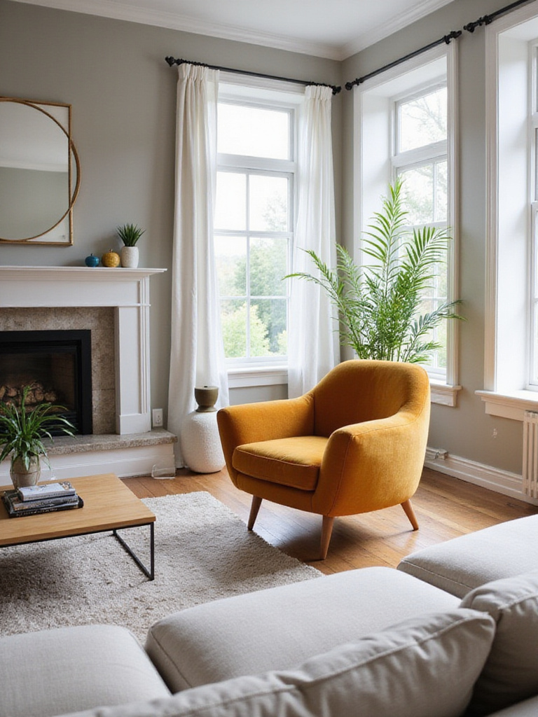 A vibrant accent chair with a unique shape pops against neutral furniture in a contemporary living room.