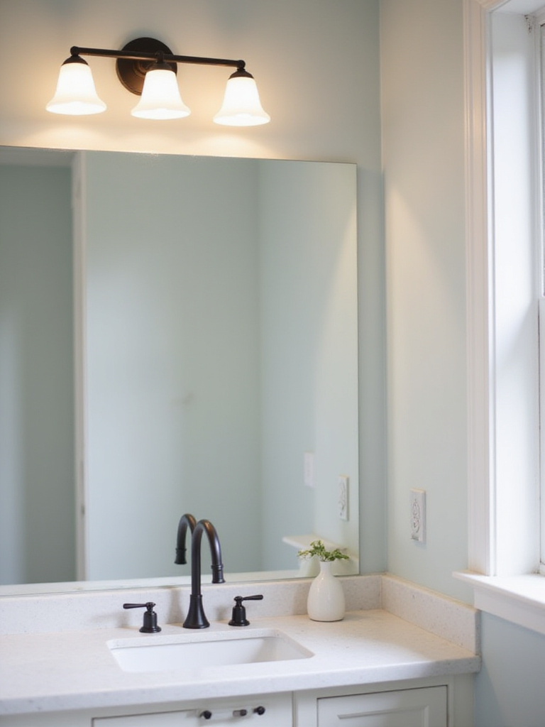 Modern bathroom vanity with a matte black linear light fixture above the mirror, coordinating with a matte black faucet.