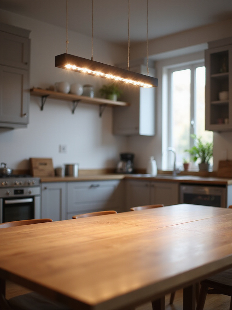 Modern kitchen with linear suspension lighting over a wooden table.