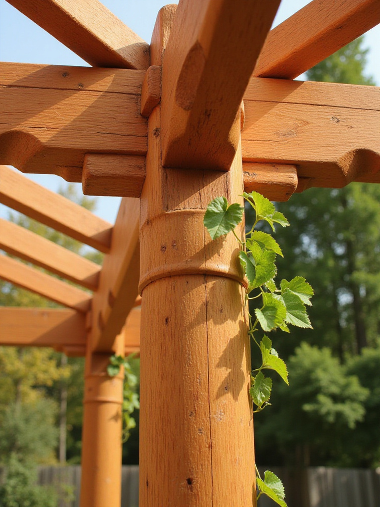 Close-up of a cedar wood pergola, highlighting the natural grain and texture of the wood.