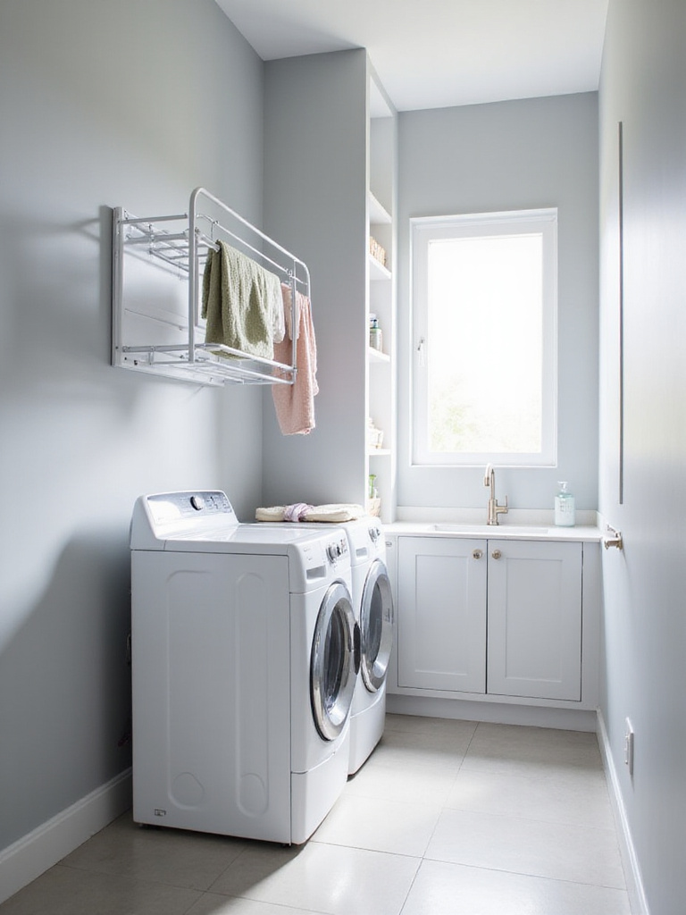 Pull-out drying rack extended above a washing machine in a modern laundry bathroom.