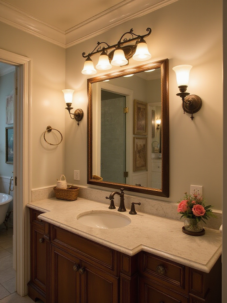 Elegant traditional bathroom vanity area featuring classic light fixtures with ornate details and glass shades above and beside the mirror.