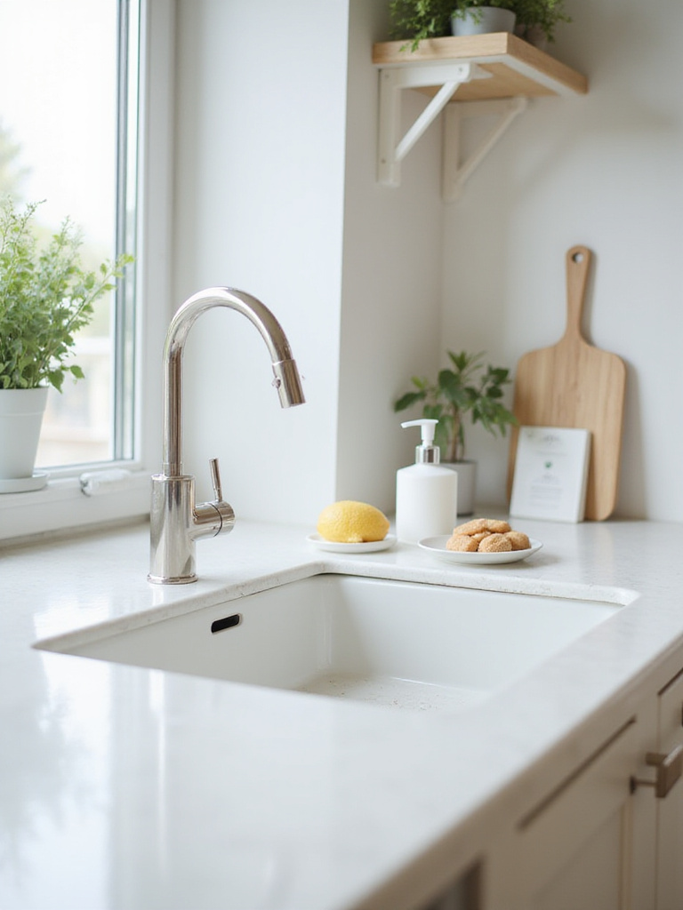 A clean and organized modern kitchen sink area with clear counter space and minimal items.