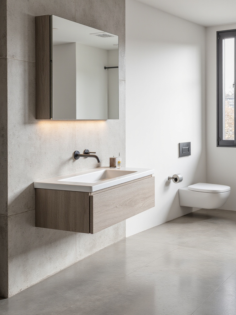 A modern bathroom featuring a floating vanity, large integrated mirror cabinet, and clean lines, showcasing clever hidden storage solutions that maintain a minimalist, uncluttered aesthetic.