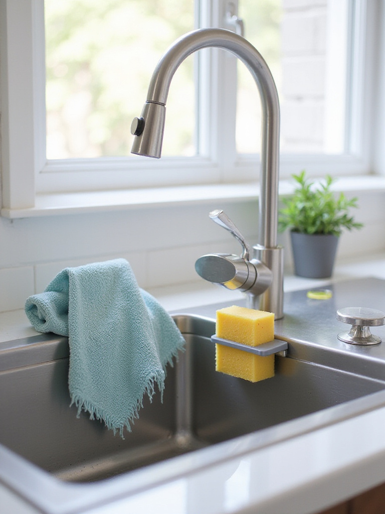 A stainless steel kitchen sink with a magnetic holder inside, holding a dishcloth to dry, and a silicone sponge holder drying a sponge, illustrating designated drying spots for organization and hygiene.