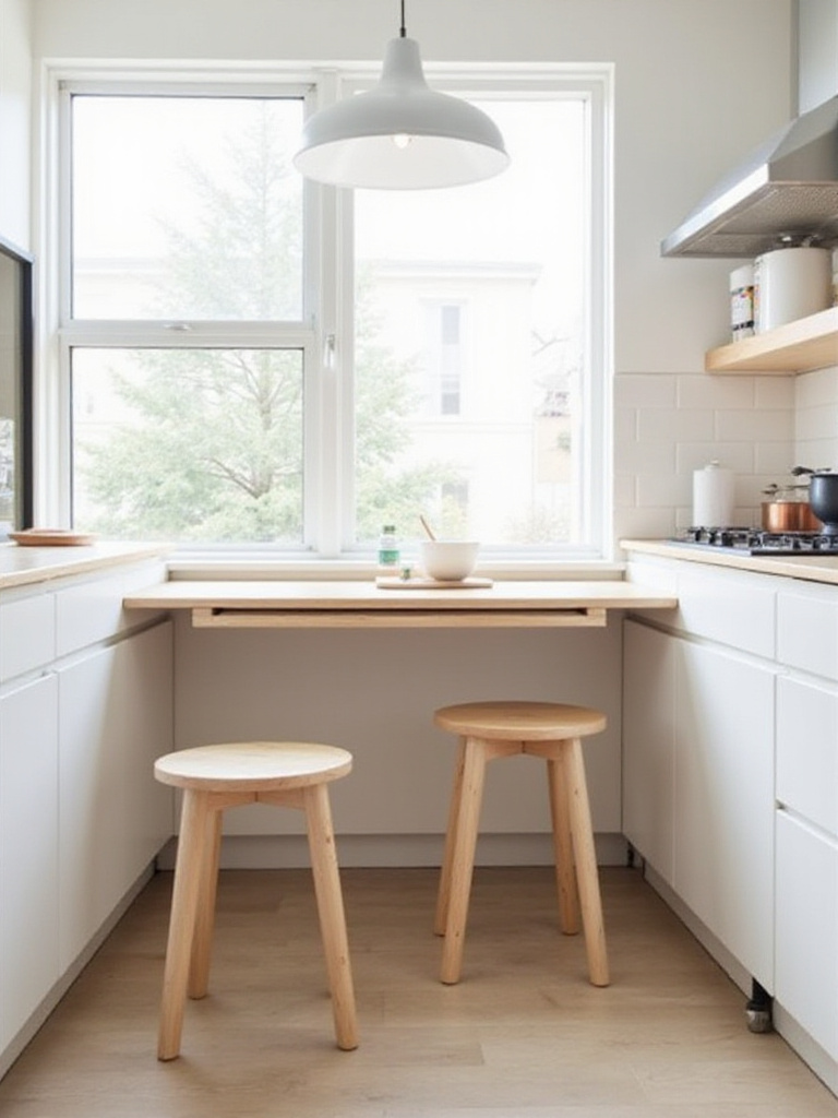 Modern compact drop-leaf kitchen table in a small kitchen with tuck-under stools, demonstrating space-saving design.