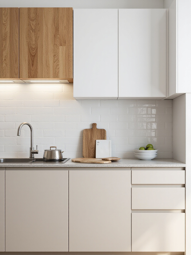 Kitchen cabinets showcasing wood, MDF, and laminate materials in a professional setting