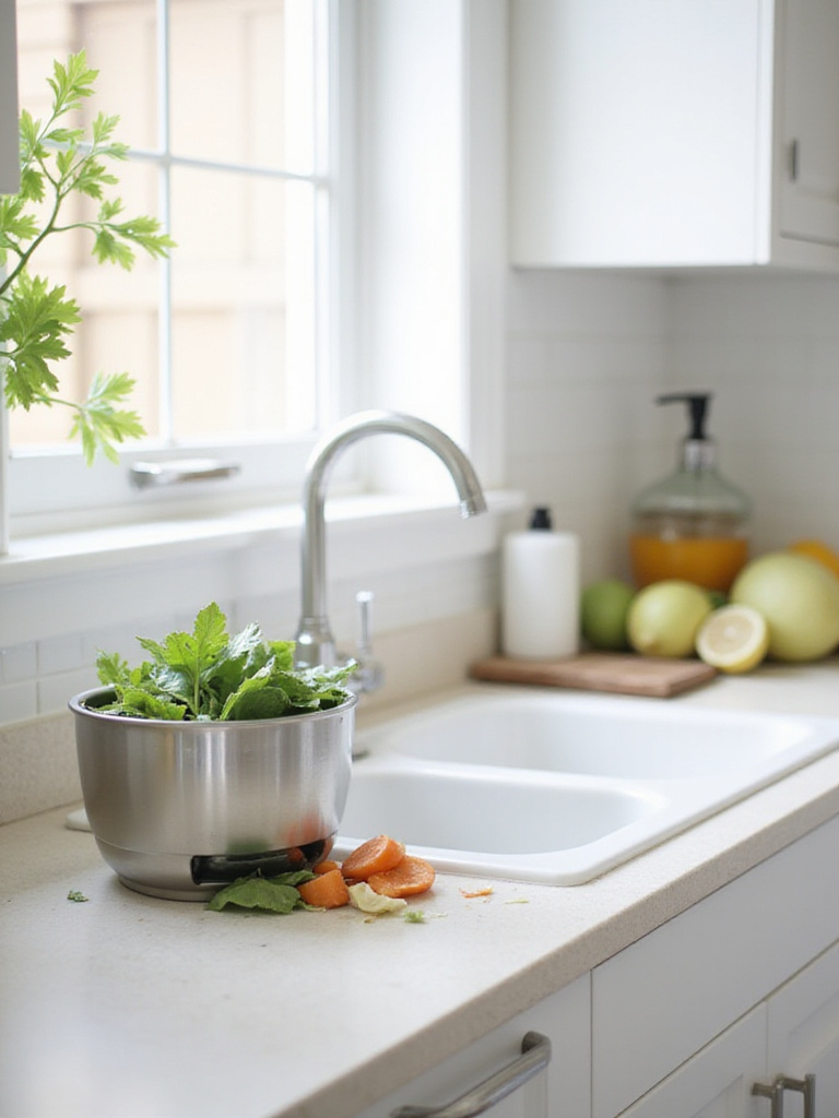 A small, stylish countertop compost bin sits next to a clean kitchen sink on a light-colored counter, ready to receive food scraps.