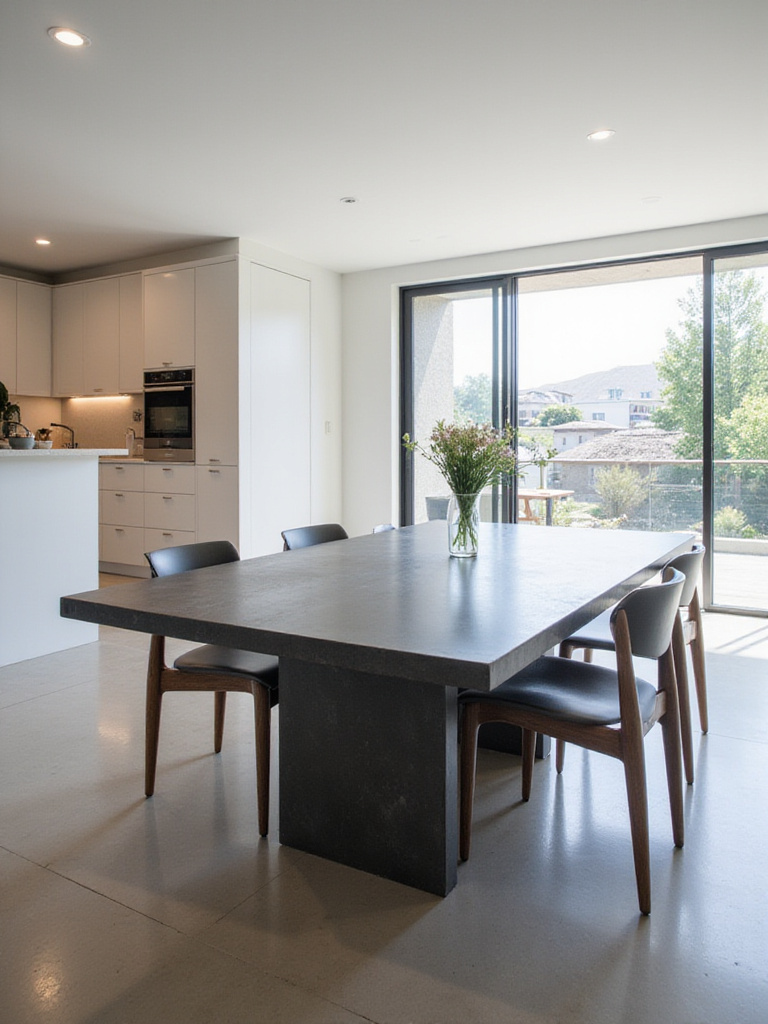 Modern kitchen featuring a durable and distinctive dark concrete or honed stone dining table, showcasing the material's texture and contemporary style.